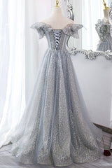 Gray Tulle Sequins Long A-Line Prom Dresses, Off the Shoulder Graduation Dresses