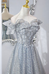 Gray Tulle Sequins Long A-Line Prom Dresses, Off the Shoulder Graduation Dresses