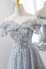 Gray Tulle Sequins Long A-Line Prom Dresses, Off the Shoulder Graduation Dresses