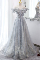 Gray Tulle Sequins Long A-Line Prom Dresses, Off the Shoulder Graduation Dresses