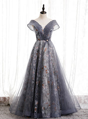 Gray Tulle Sequins Off the Shoulder Beading Prom Dress