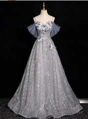 Gray Tulle Sequins Spaghetti Straps Prom Dress