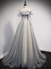 Gray Tulle Sequins Strapless Pearls Prom Dress