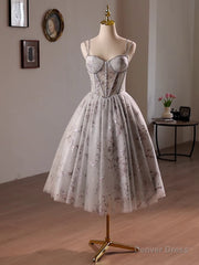 Gray Tulle Sequins Straps Homecoming Dress