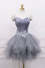 Gray Tulle Short Prom Dresses with Feather, Chic A-Line Strapless Party Dresses