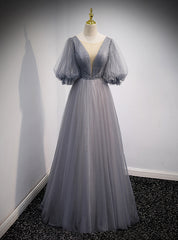 Gray Tulle Short Sleeve Pleats Beading Prom Dress