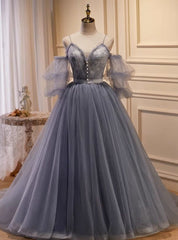 Gray Tulle Spaghetti Straps Button Prom Dresses