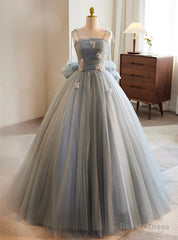 Gray Tulle Spaghetti Straps Flower Prom Dress