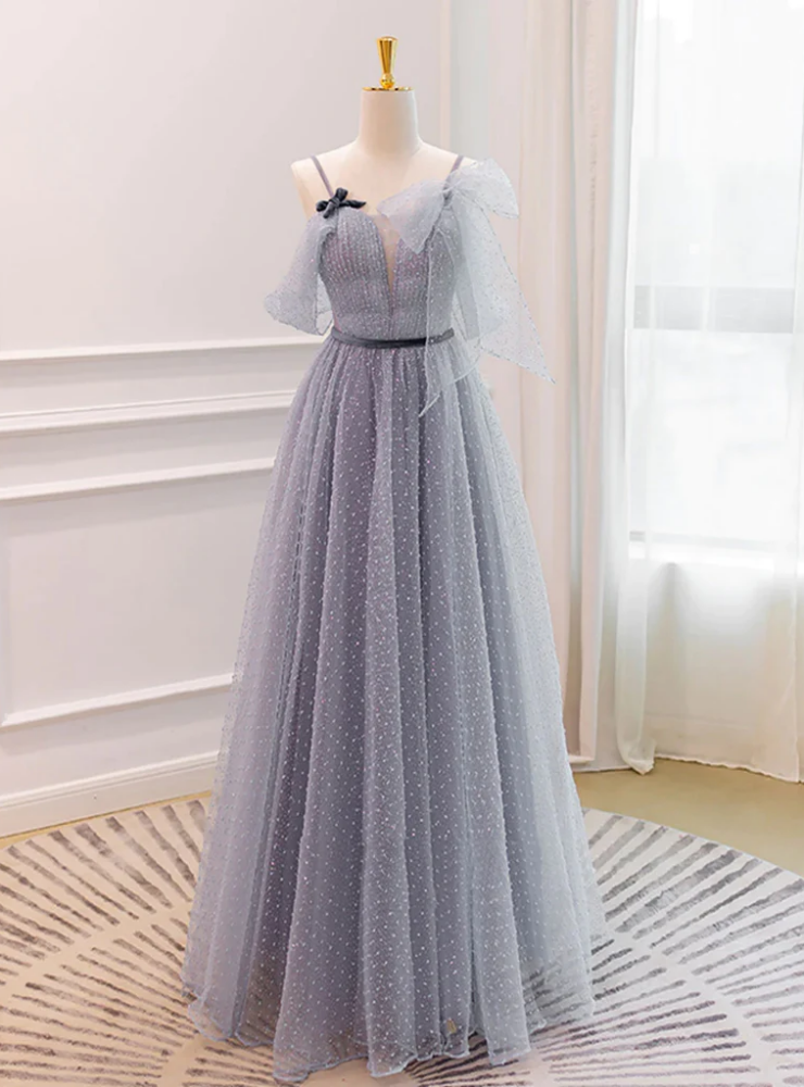 Gray Tulle Spaghetti Straps Pleats Prom Dress