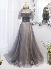 Gray Tulle Strapless Beading Prom Dresses With Shawl