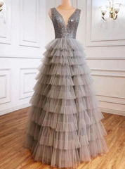 Gray Tulle V-neck Sequins Tiers Prom Dresses