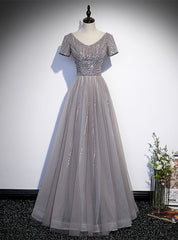 Gray Tulle V-neck Short Sleeve Beading Sequins Prom Dress