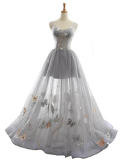 Gray V-neck Tulle Backless Butterfly Floor Length Wedding Dresses