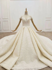 Great Choice Champagne Ball Gown Sequins Cap Sleeve Beading Wedding Dresses