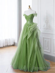 Green A-Line Off Shoulder Long Prom Dress Lace Long Evening Dress