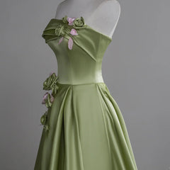 Green A-line Satin with Flowers Long Evening Dresses, Green Satin Prom Dresses