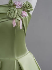 Green A-line Satin with Flowers Long Evening Dresses, Green Satin Prom Dresses