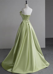 Green A-line Satin with Flowers Long Evening Dresses, Green Satin Prom Dresses