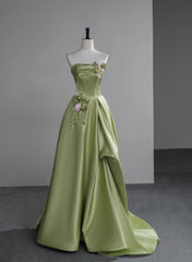 Green A-line Satin with Flowers Long Evening Dresses, Green Satin Prom Dresses