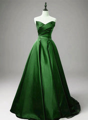 Green A-line Simple Satin Long Party Dresses, Green Satin Prom Dresses