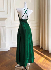 Green A-line Soft Satin Cross Back Evening Dresses, Green Prom Dresses Party Dresses