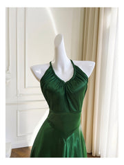 Green A-line Soft Satin Cross Back Evening Dresses, Green Prom Dresses Party Dresses