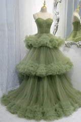 Green A-line Sweetheat Pleated Tulle Prom Dresses