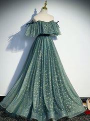 Green A line Tulle Long Prom Dresses, Green Graduation Dresses