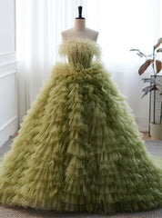 Green Ball Gown Tulle Feather Tiers Princess Dresses