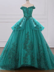 Green Ball Gown Tulle Lace Layered Off The Shoulder Quinceanera Dresses