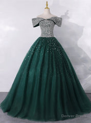 Green Ball Gown Tulle Off the Shoulder Beading Quinceanera Dress