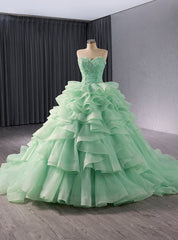 Green Ball Gown Tulle Strapless Tiers Prom Dresses