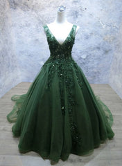 Green Beaded and Lace V-neckline Low Back Long Party Dresses, Green Evening Dresses Party Dresses