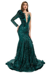 Black Mermaid One Sleeve Prom Dresses Sequined Lace Jewel Ruffles Evening Party Dresses with Appliques