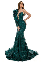 Black Mermaid One Sleeve Prom Dresses Sequined Lace Jewel Ruffles Evening Party Dresses with Appliques