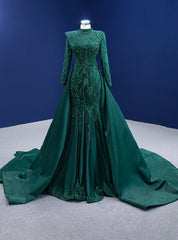 Green Mermaid Satin Long Sleeve Prom Dresses Detachable Train