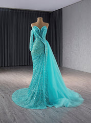 Green Mermaid Sequins Long Sleeve Strapless Prom Dress