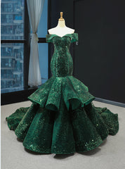 Green Mermaid Sequins Off the Shoulder Luxury Prom Dresses With Train