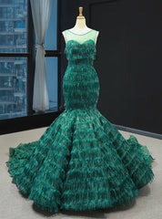 Green Mermaid Sequins Tassel Backless Prom Dresses With Long Train