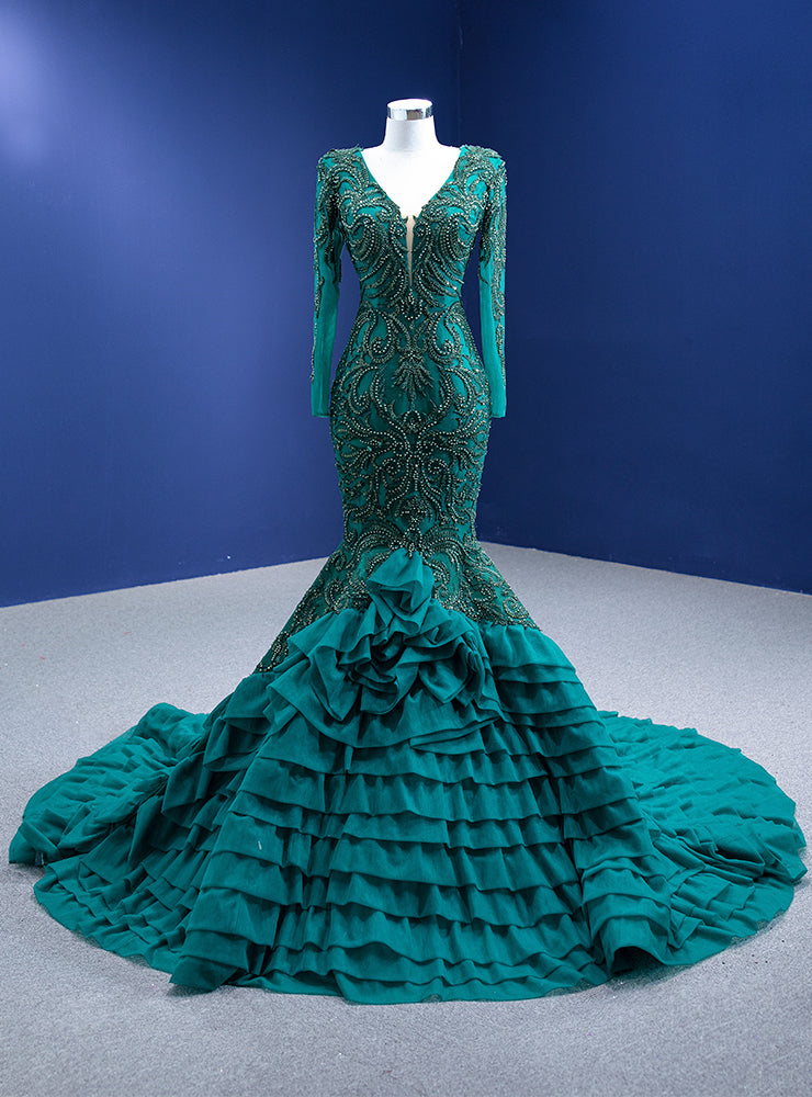 Green Mermaid Tulle Long Sleeve Beading Prom Dress