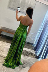 Green Metallic Strapless Pleated A-Line Long Prom Dresses