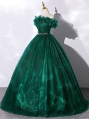 Green Off Shoulder Tulle Long Prom Dresses, Green Sweet 16 Dresses