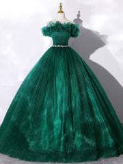 Green Off Shoulder Tulle Long Prom Dresses, Green Sweet 16 Dresses