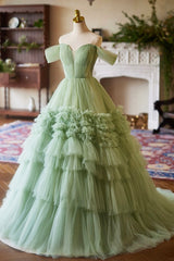 Green Off the Shoulder Tulle Layers Long Formal Dresses, Green Evening Party Dresses