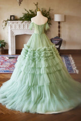 Green Off the Shoulder Tulle Layers Long Formal Dresses, Green Evening Party Dresses