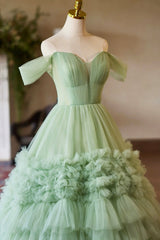 Green Off the Shoulder Tulle Layers Long Formal Dresses, Green Evening Party Dresses