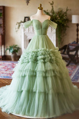 Green Off the Shoulder Tulle Layers Long Formal Dresses, Green Evening Party Dresses