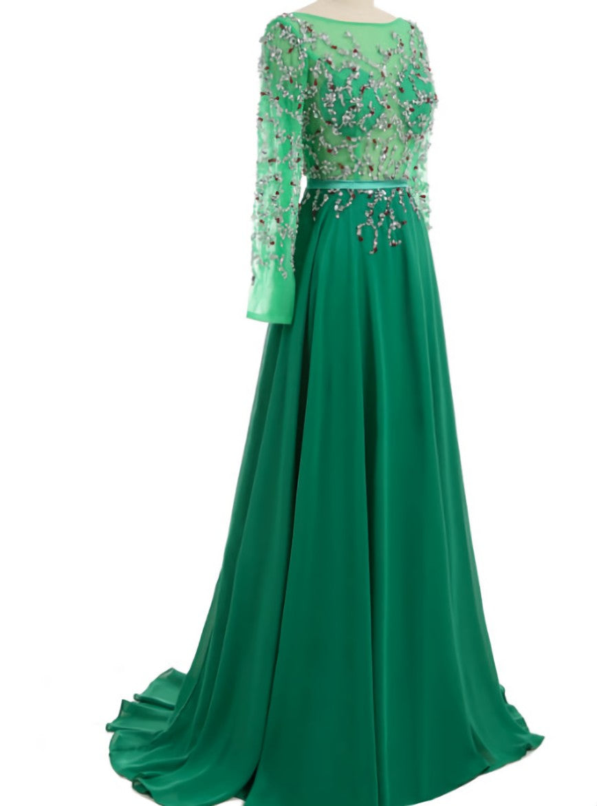 Green Open Back Long Sleeve Crystal Evening Gown Eevening Gown