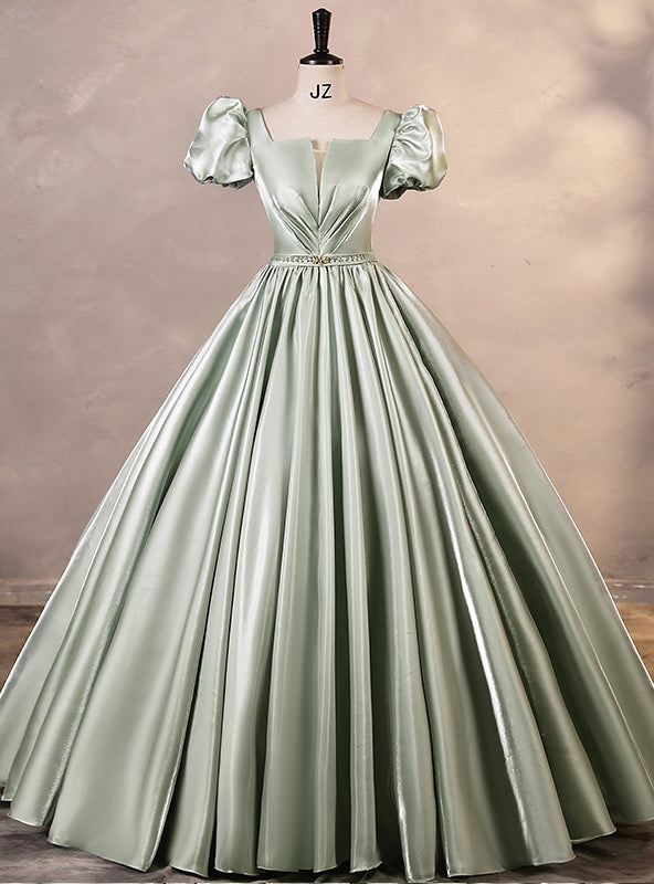 Green Puff Sleeve Pleats Quinceanera Dress