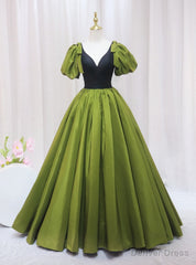 Green Puff Sleeve Satin V-neck Prom Dress